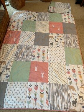 Sweet Jojo Patchwork Deer Print Kids Comforter/Pillowcase,Mint/Coral/Gray, 60x84